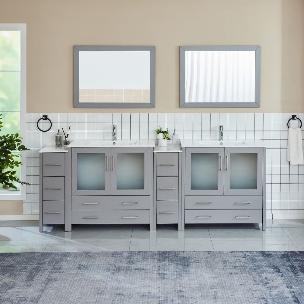 Vanity Art 96" Double Sink Bathroom Vanity Set 10 Dove-Tailed Drawers, 3 Cabinets, 2 Shelves Soft-Closing Doors with Free Mirror