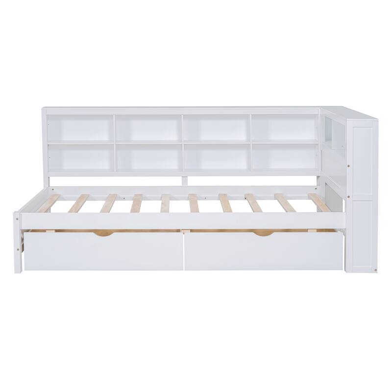 White Twin Size Wooden Daybed with Two Drawers, Storage Shelf, and USB Charging