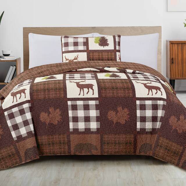 Great Bay Home Reversible Lodge Printed 3-piece Quilt Set - Chocolate / Green - Twin