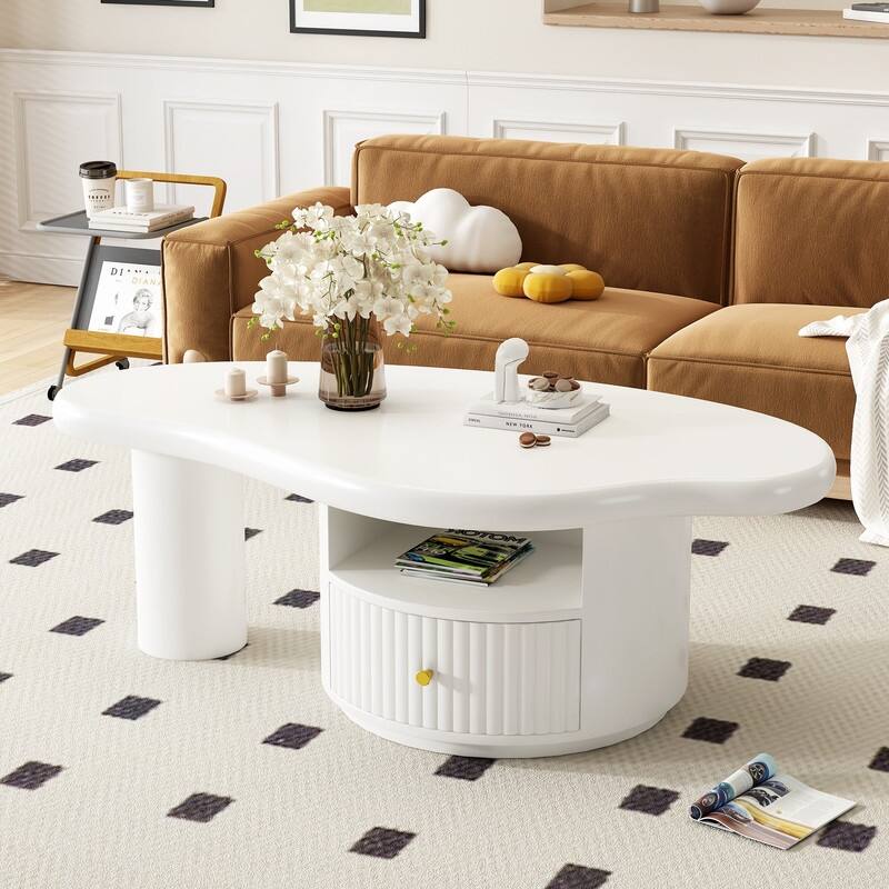 Cream Style Cloud-Shaped Coffee Table Set of 3, Irregular Design Cocktail End Table with Storage Drawer & 2 Small Stools