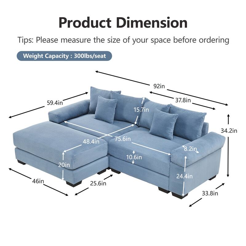 Roomfitters 82.6"/92" Modular L-Shape Sectional, Corduroy Cloud Couch with Ottoman & 6 Pillows