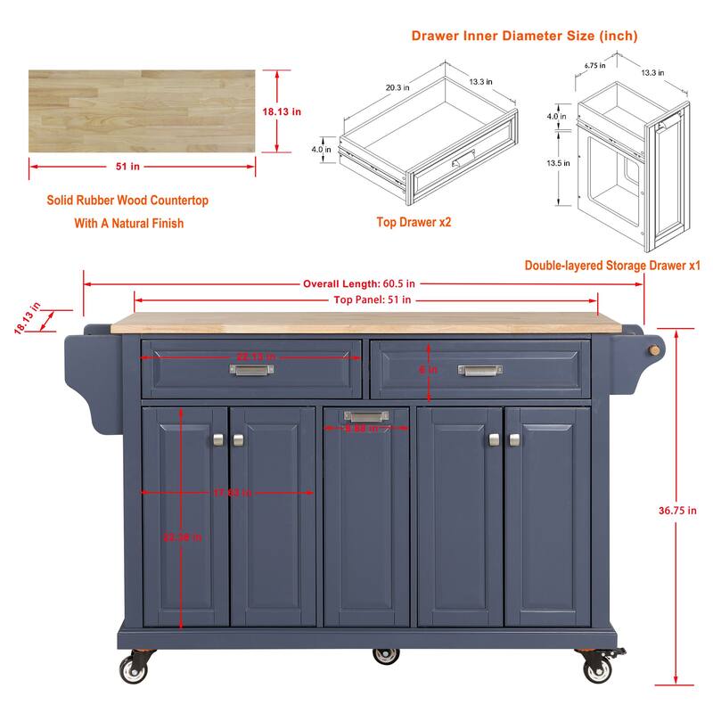 Wood Kitchen Island with Drawers, Kitchen Cabinet with Adjustable Shelves, Kitchen Storage Cart with Built-in Spice Rack