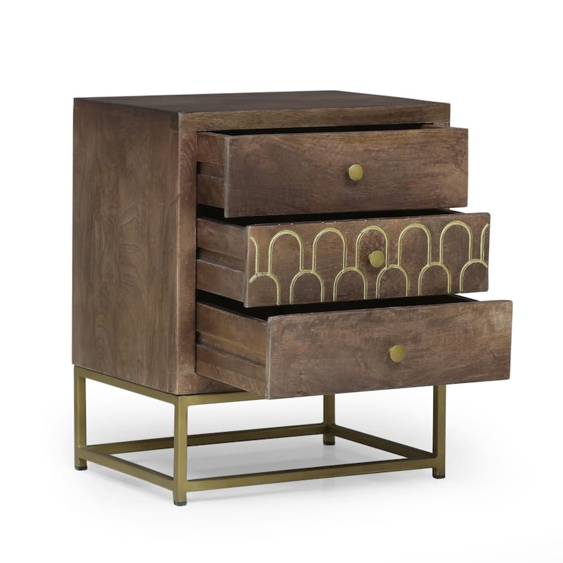 Contemporary Mango Wood Nightstand, Mid-Century Modern Design, Gold Accents, Durable Iron Frame, 3 Drawers