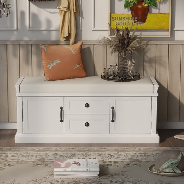 slide 10 of 9, White Solid Wood 2-Drawer Entryway Storage Bench White