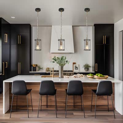 Modern Farmhouse 1-Light Black Gold Cylinder Cage Kitchen Island Pendant Lights for Dining Room
