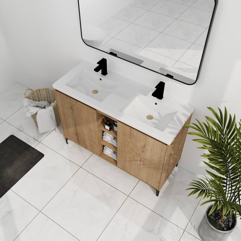 Freestanding Bathroom Vanity with Double Resin Sink, Soft-Closing Doors, Adjustable Shelves - 47.6in L Plywood