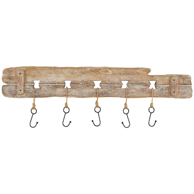 Wood Handmade Whitewashed Live Edge Wall Hook with 5 Hanger Fish Hooks - Brown - Roche River Decor - 1"W x 39"L x 13"H