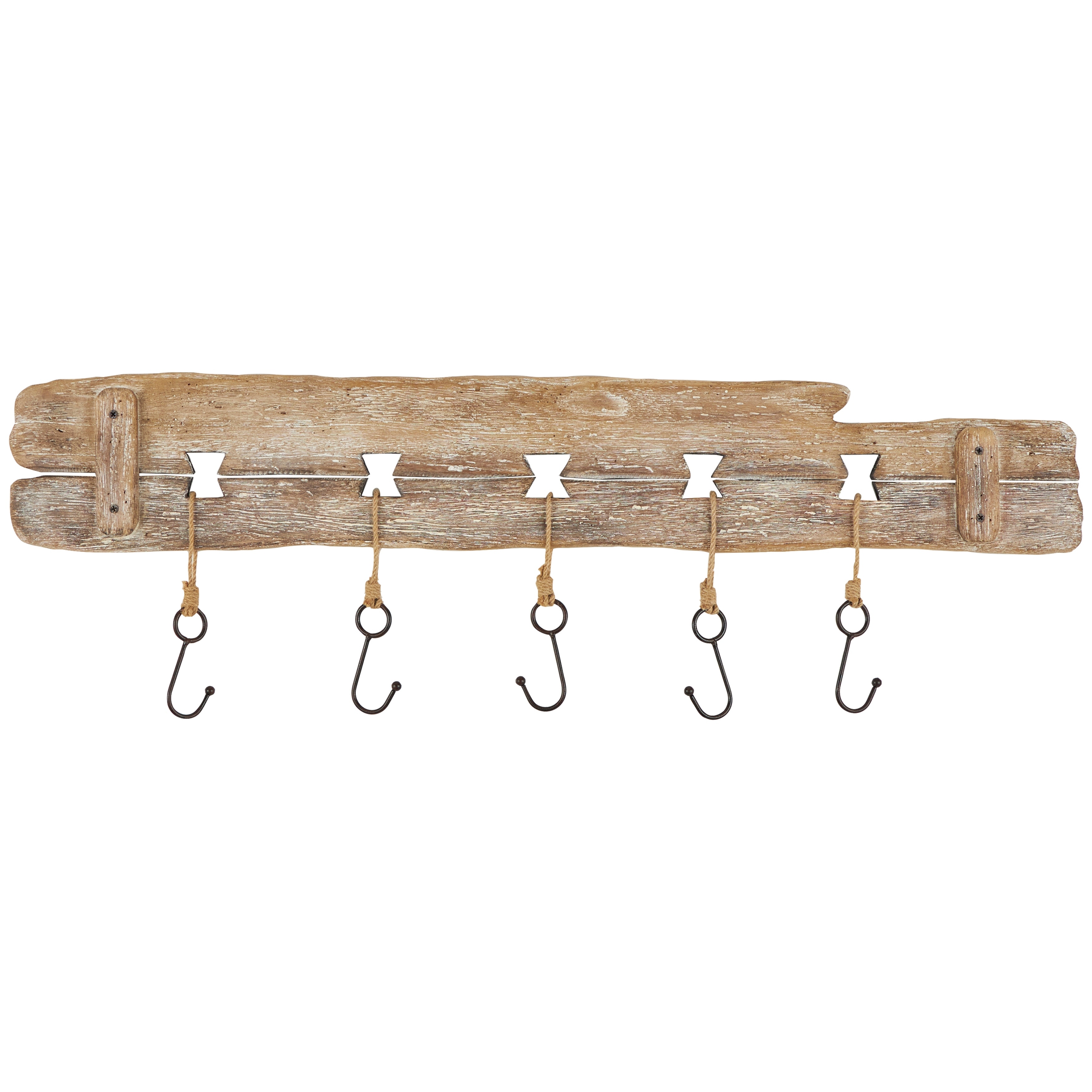 Wood Handmade Whitewashed Live Edge Wall Hook with 5 Hanger Fish Hooks - Brown - Roche River Decor - 1"W x 39"L x 13"H