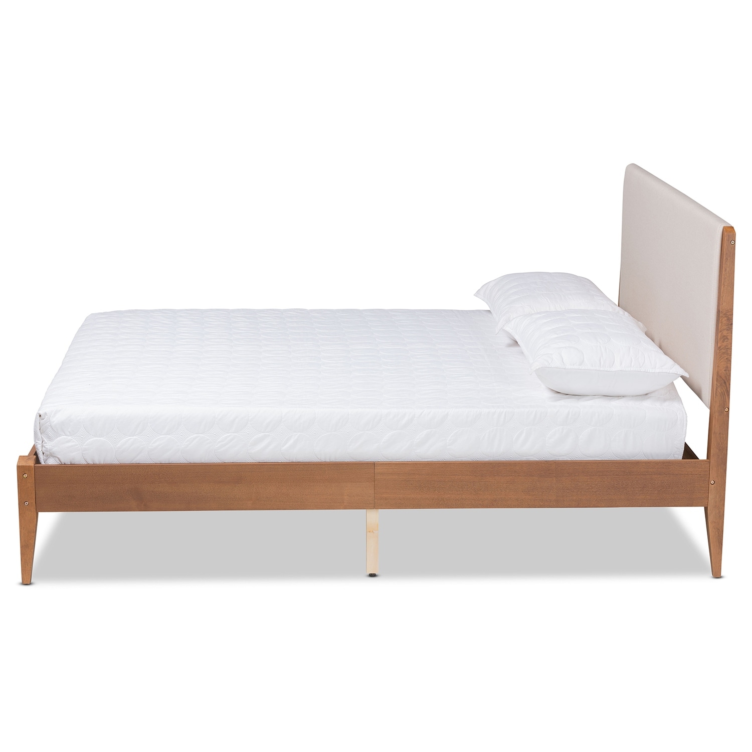 Coastal Cottage Platform Bed - Beige Fabric Upholstered Wood Bed Frame - Modern Bedroom Bed