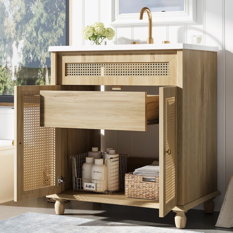 30-Inch Bathroom Vanity with Handwoven Rattan Doors, Solid Wood Legs & Resin Basin