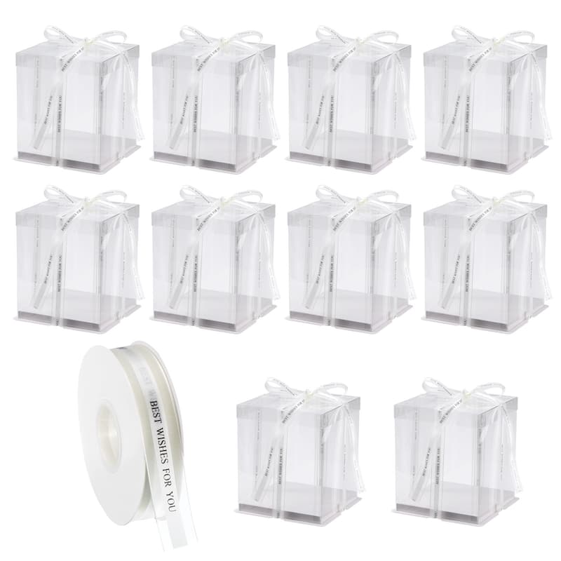 Clear Cake Box with Ribbon, 10Pcs 7"x7"x8" for 8 Inch Cake Packing - White