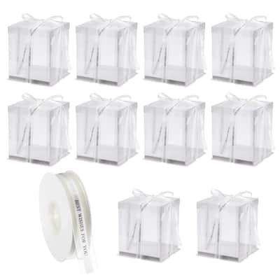 Clear Cake Box with Ribbon, 10Pcs 7"x7"x8" for 8 Inch Cake Packing - White