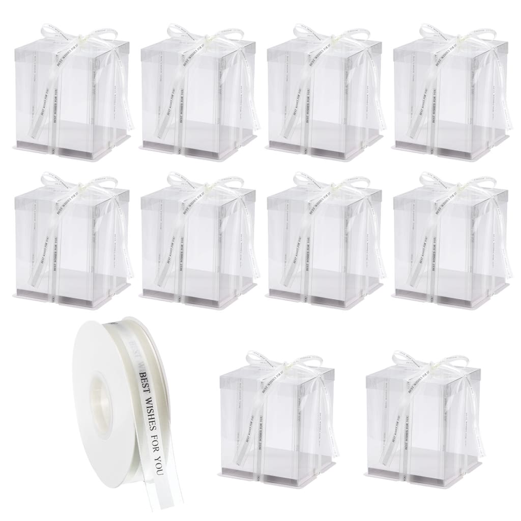 Clear Cake Box with Ribbon, 10Pcs 7"x7"x8" for 8 Inch Cake Packing - White