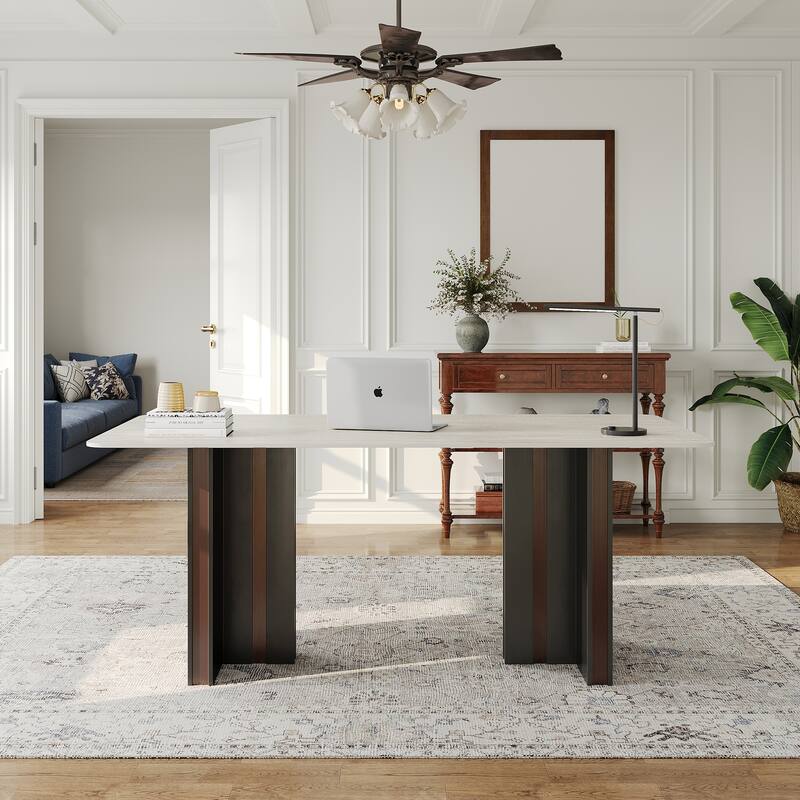 63" Modern Rectangular Writing Desk, Travertine Sintered Stone Top, Stainless Steel Double Base