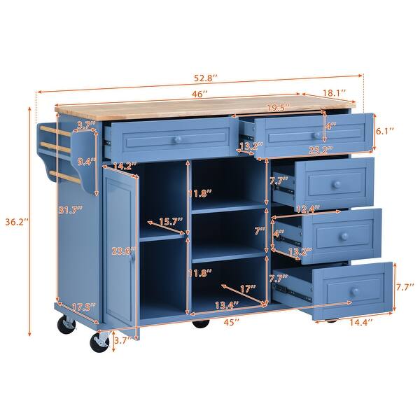 Rolling Kitchen Island Cart Blue Rubber Wood Top 5 Drawers Adjustable