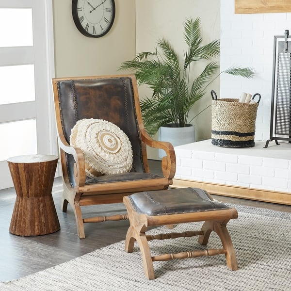 slide 2 of 20, Dark Brown Leather Handmade Upholstered Room Accent Chair with Ottoman with Scrolled Wood Arms and Arched Legs Dark Brown