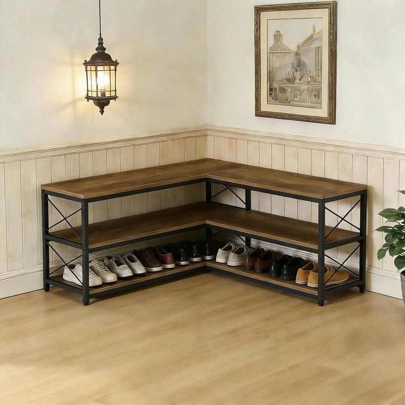 L-Shaped Shoe Rack Bench, 3-Tier Entryway Corner Bench with Shoe Storage - Brown/ Black