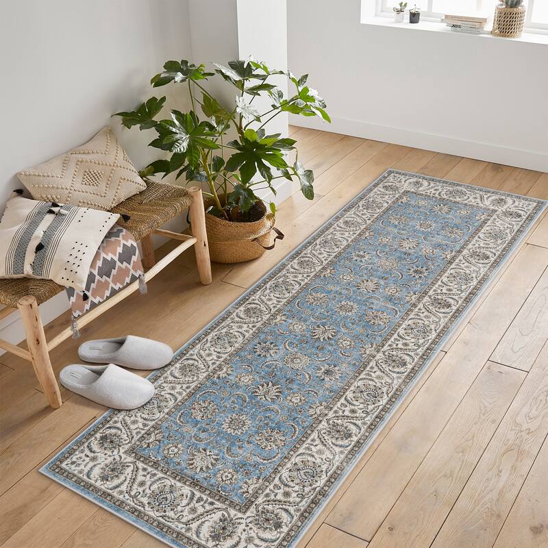 Washable Area Rugs for Living Room Stain Resistant Carpet Vintage Rugs Bedroom Low Pile Non Slip Accent Carpet - 2' x 6' Runner - Blue