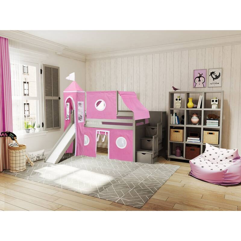 JACKPOT Prince & Princess Low Loft Twin Bed, Stairs Slide Tent & Tower