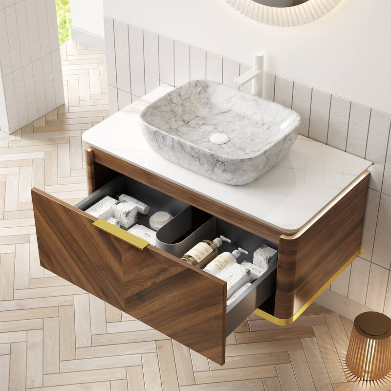 36" Floating Vanity with Smart Sensor Light, Stone Top and Vessel Sink - Dark Walnut