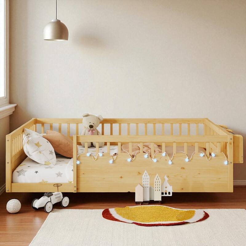 Twin/Full Montessori Wooden Floor Bed with High Rails, LED Light, and Side Storage Shelf for Kids