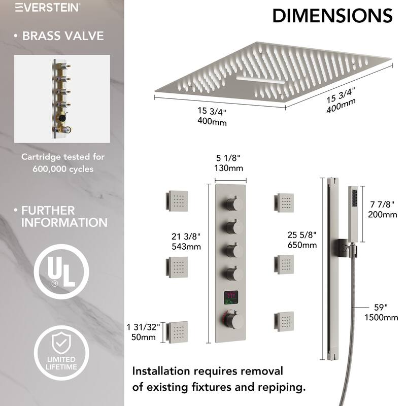 16 in LED Light Shower System Faucet Set LCD Digital Thermostatic Valve Kit Shower Head with Body Jets & Handheld Slider