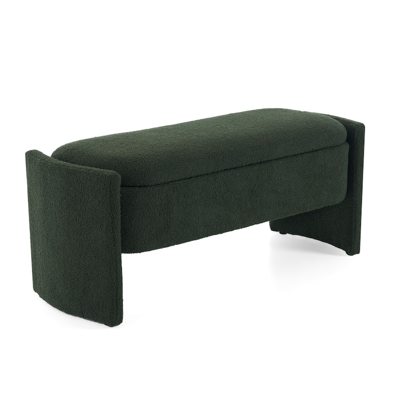 Boucle Storage Ottoman Bench, Oval Upholstered Storage Bench, Entryway Bench with Hidden Storage Space & Safety Hinge