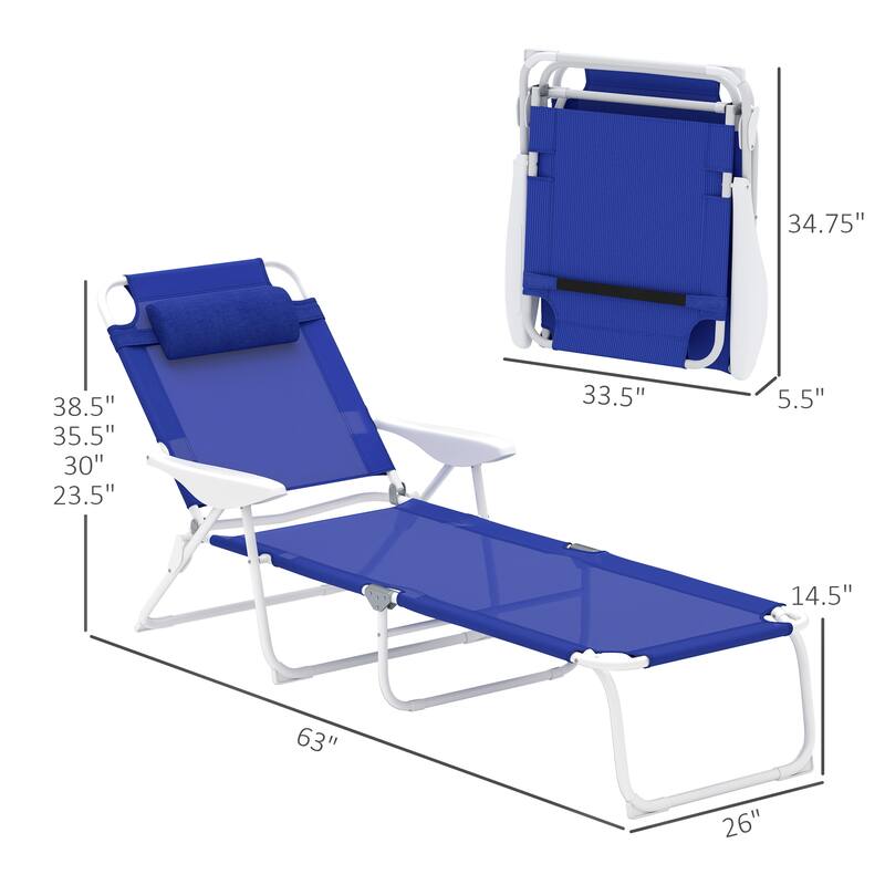 Foldable Adjustable Chaise Lounge Chair with Pillow and Armrests Portable Mesh Sun Lounger for Patio Poolside and Backyard