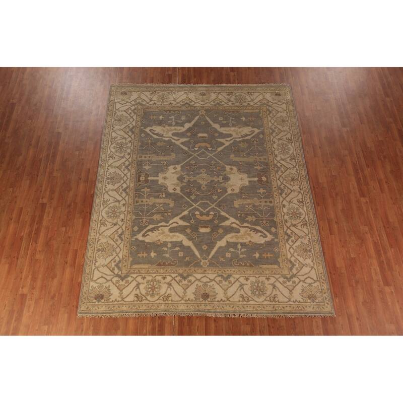 Gray Transitional Oushak Area Rug Hand-Knotted Floral Wool Carpet - 7'11"x 9'9"
