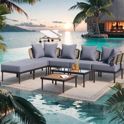 Stylish 8-Piece Patio Sectional Sofa Set with Tempered Glass Coffee Table and Wooden Coffee Table, Grey Cushion + Black Steel
