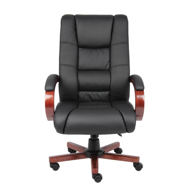 Zoey High-Back Executive Chair, Black Vinyl, Cherry Brown Wood Finish