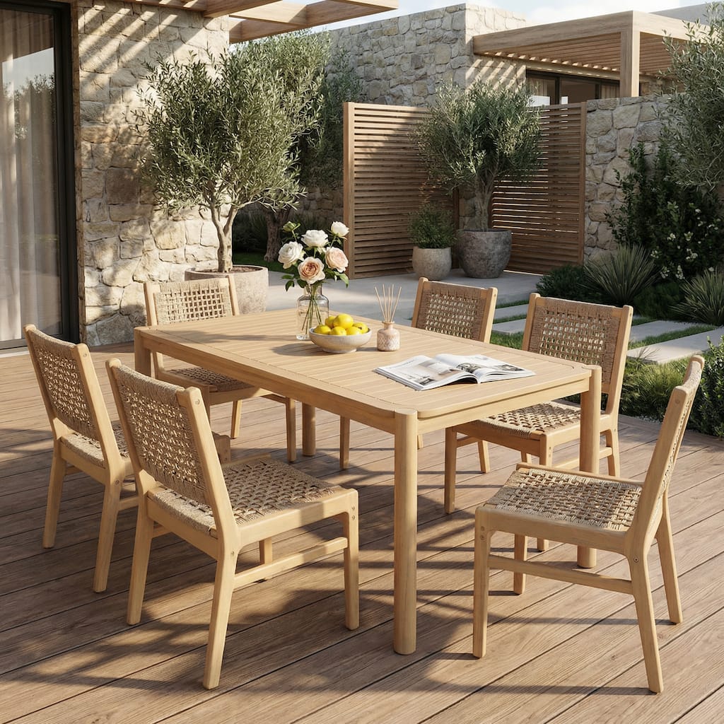 Christopher Knight Home - 7-Piece Outdoor Acacia Wood Rectangle Dining Set with Solid Wood Table and Wicker Chairs