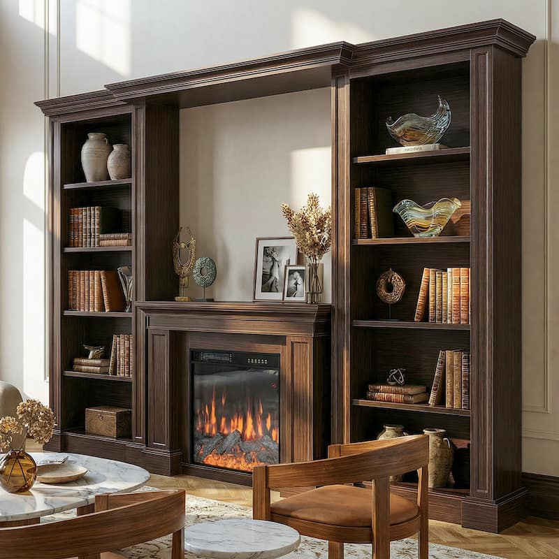 Electric Fireplace Mantel with Bookshelves, 115.5" Entertainment Center with Built-in Shelving