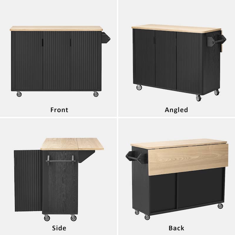 Fluted Kitchen Island with Drop Leaf, Mobile Kitchen Island on Locking Wheels, Rolling Kitchen Cart with Towel Rack