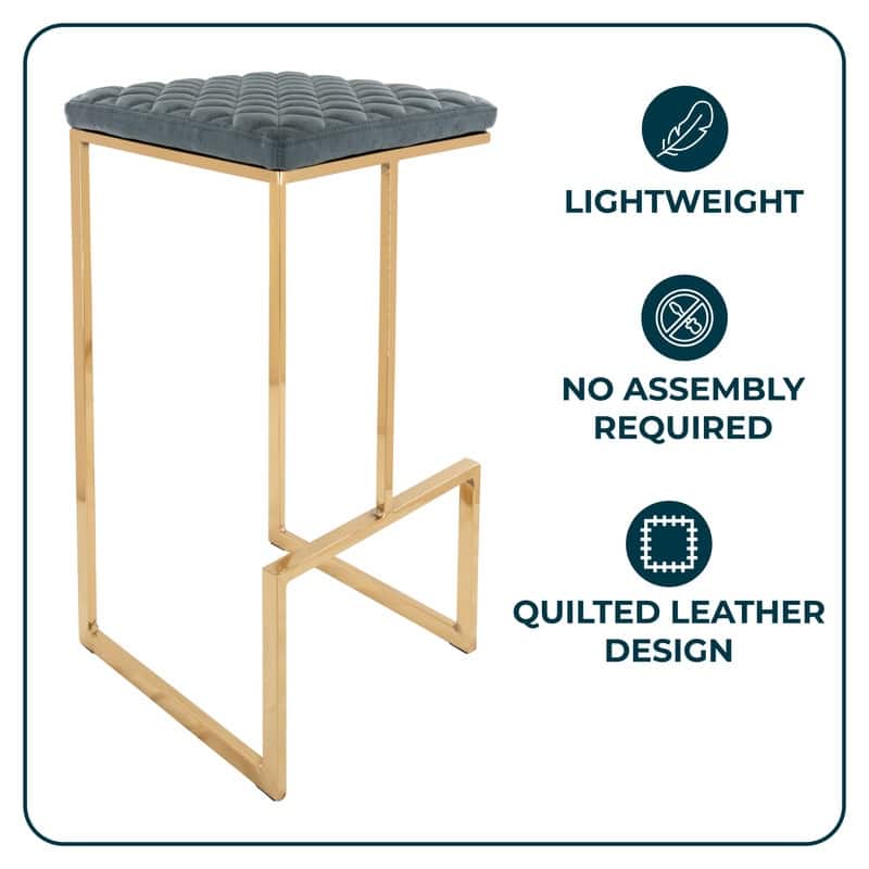 Quincy Modern Leather Barstool with Upholstered Square Seats in Gold Metal & Footrest for Home Bar & Kitchen Counter
