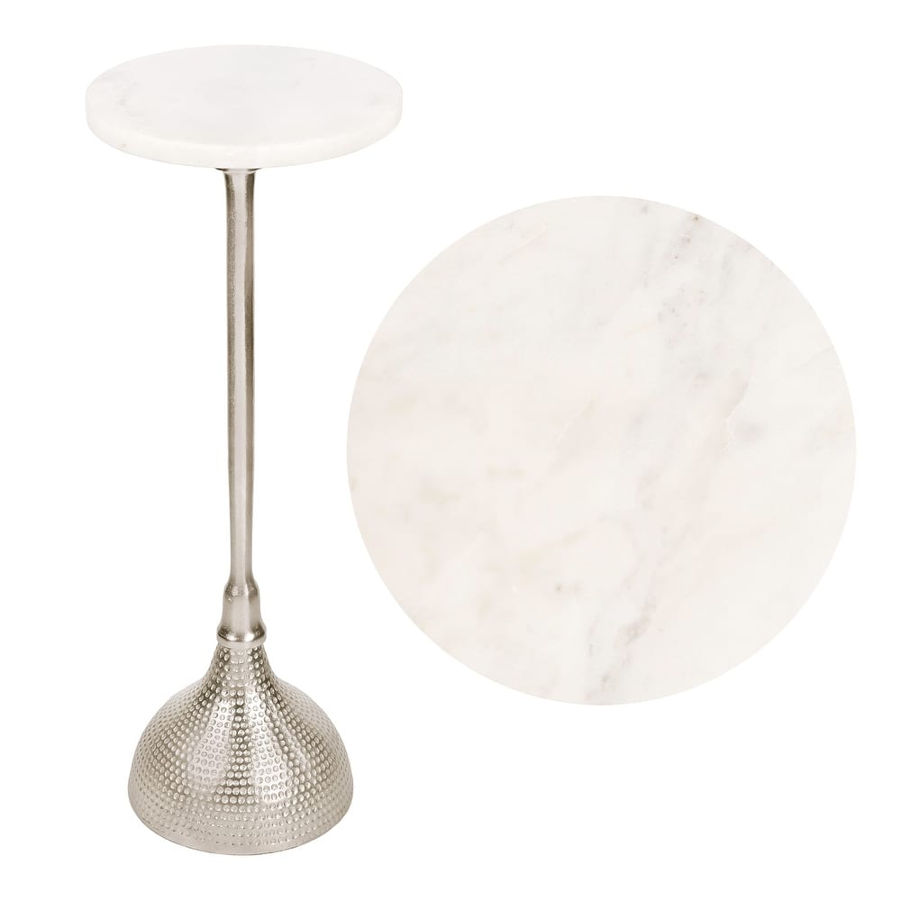 JONATHAN Y 23.75″ Metal Pedestal Drink, End Table w/ White Marble Round Top & Hammered Base