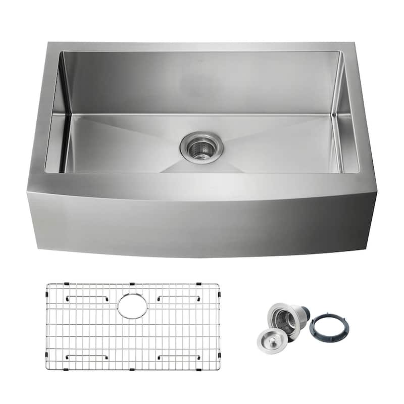 Handcrafted Farmhouse Apron Single Bowl Real 16 gauge Stainless Steel Kitchen Sink with Strainer and Grid - 33 Inch