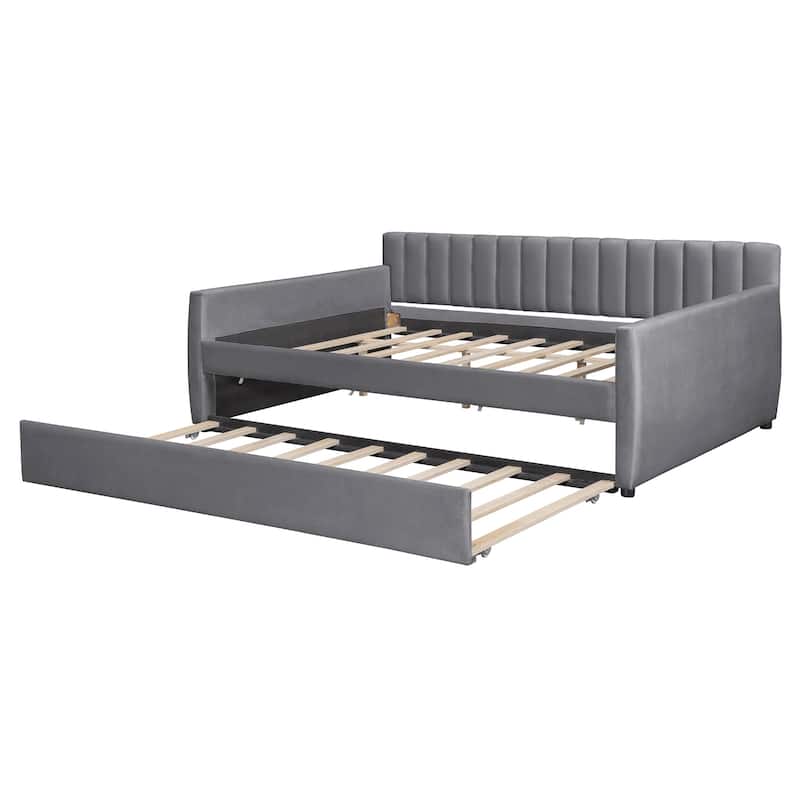 Full Size Upholstered Daybed with Trundle and Wood Slat Support