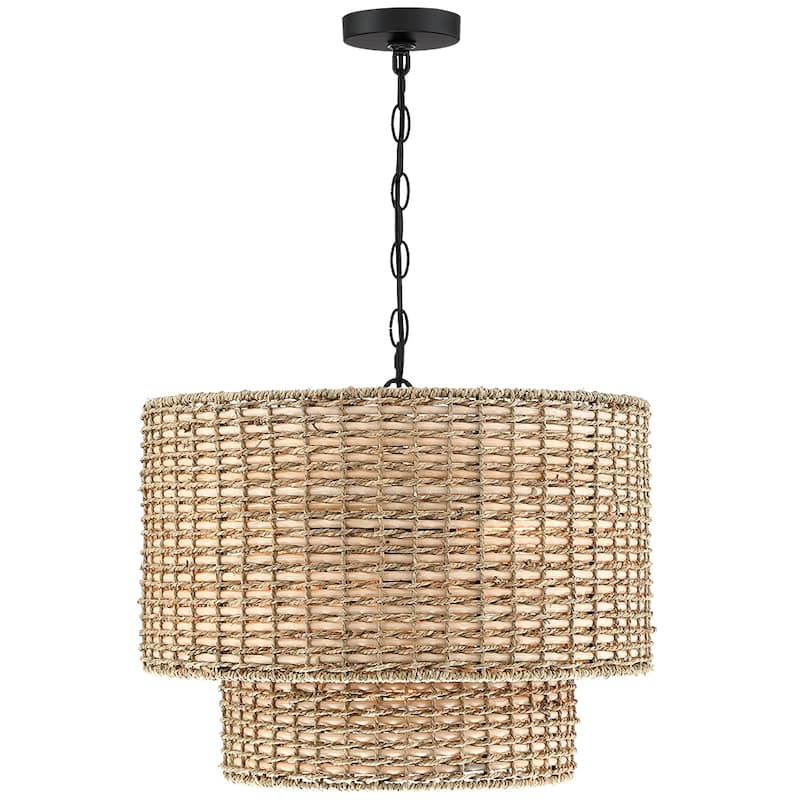Lennie 20 in. 4-Light Rattan Tiered Drum Chandelier Light with Black Canopy - 20 in. W - 20 in. W