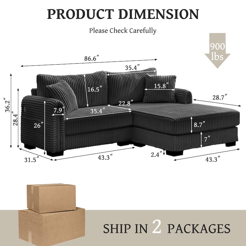 L-Shaped Sofa, 2 Seater Modular Sectional Sofa with Convertible Chaise, USB Ports, Corduroy Couch with Oversized Side Pocket