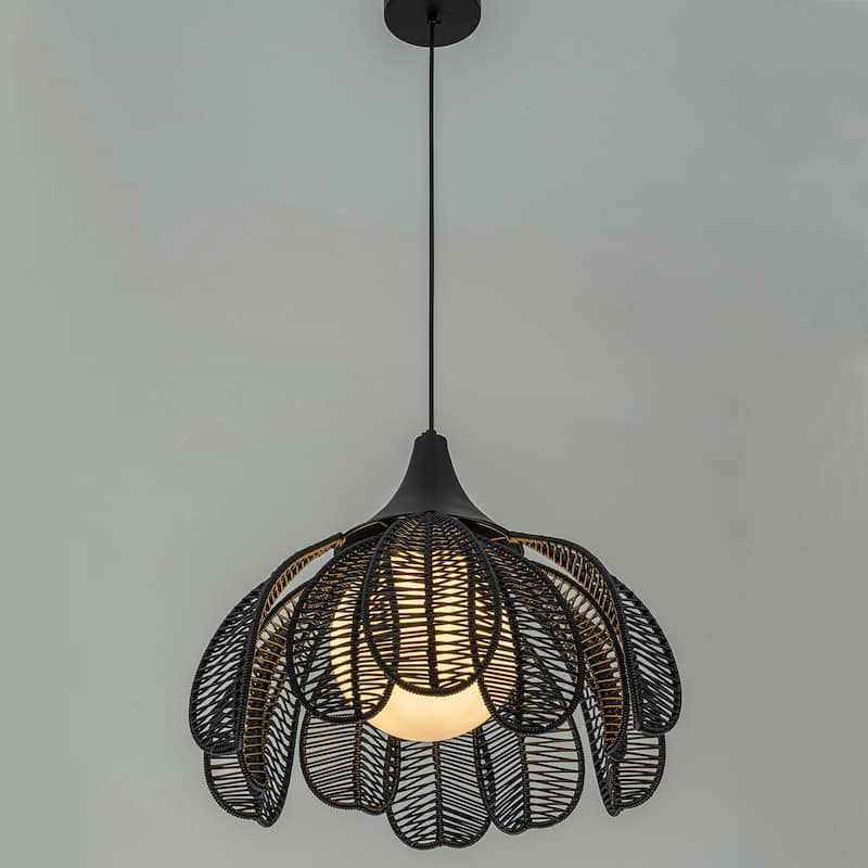 Kamala 1-Light Wicker Outdoor Pendant Light Coastal Boho Style Flower Handwoven
