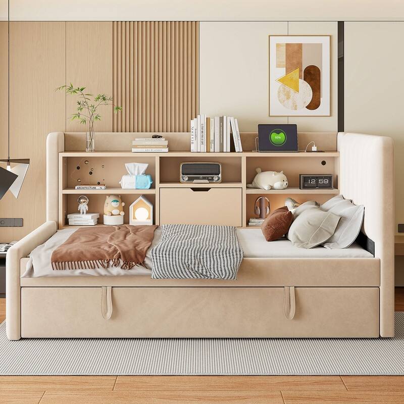 Twin Size Upholstered Daybed with Trundle, Storage Platform Bed Frame with Shelves and Charging Station