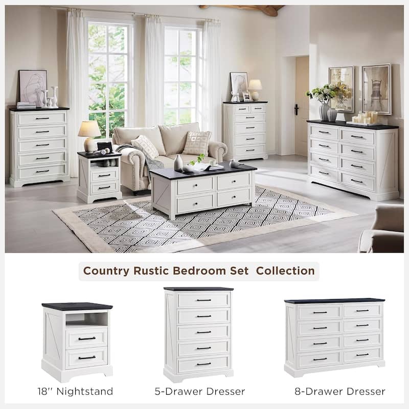 Farmhouse Nightstand with Charging Station, End Table with 2 Drawers