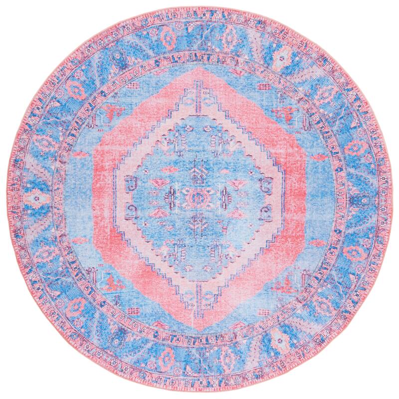 SAFAVIEH Serapi Machine Washable Adelle Shabby Chic Distressed Rug - 6'7" Round - Light Blue/Beige