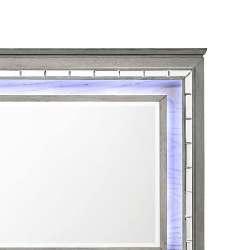 48 Inch Wood Mirror, LED, Mirrored Trim, Landscape, Light Gray