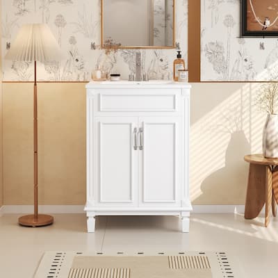 Bathroom Vanity with Sink, Solid Wood Bathroom Storage Cabinet, Bathroom Cabinet with 2 Soft-Closing Doors & Adjustable Shelf