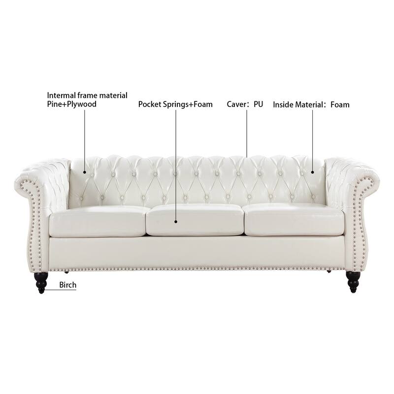 84.65" PU Chesterfield Sofa with Pocket Springs, Birch Legs, Comfortable 3-Seater