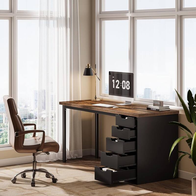 Modern Computer Desk with 5 Reversible Drawers, Storage Home Office Desk, PC/Laptop Desk, Study Writing Table Workstation
