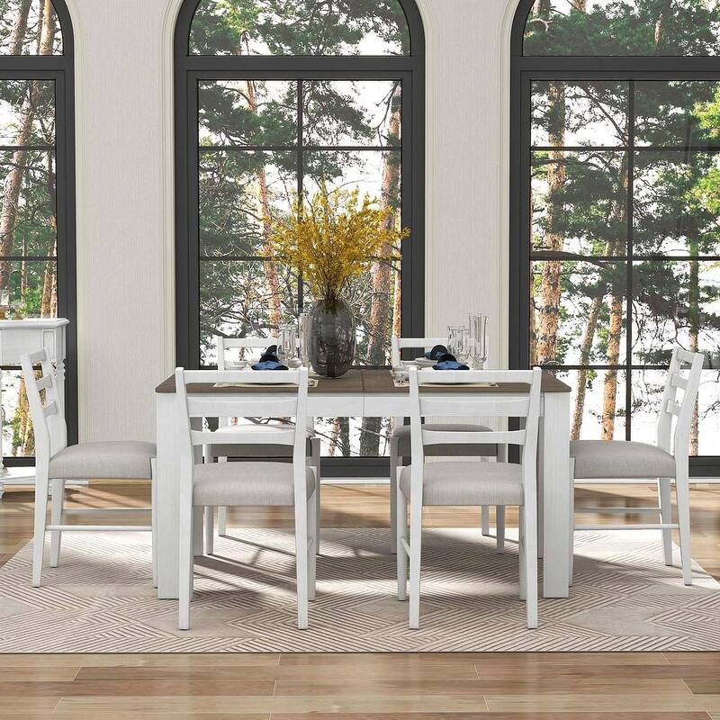 7 PCS Wooden Dining Table Set for 6 with Extendable Table - Brown+White