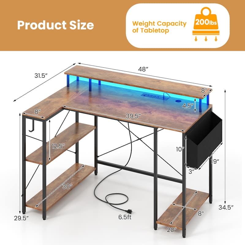 48 Inch L Shaped Computer Desk with LED Lights Gaming Workstation with Monitor Stand Storage